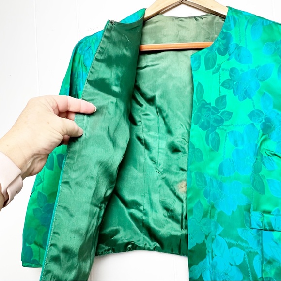Vintage Floral Damask Green Blue 3/4 Sleeve Cropped Jacket Women’s Size XL - Picture 4 of 12